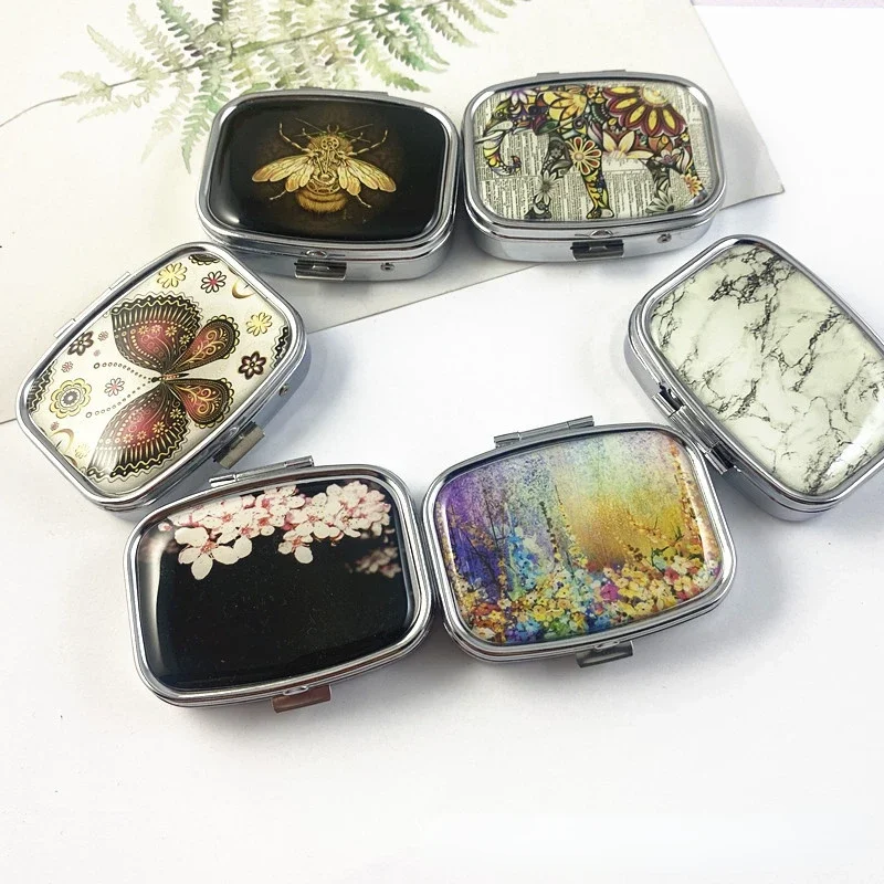 Divided Metal Butterfly Pill Boxes Square Pill Boxes Portable Organizer Medicine Case Splitters Pill Candy Jewelry Case Box