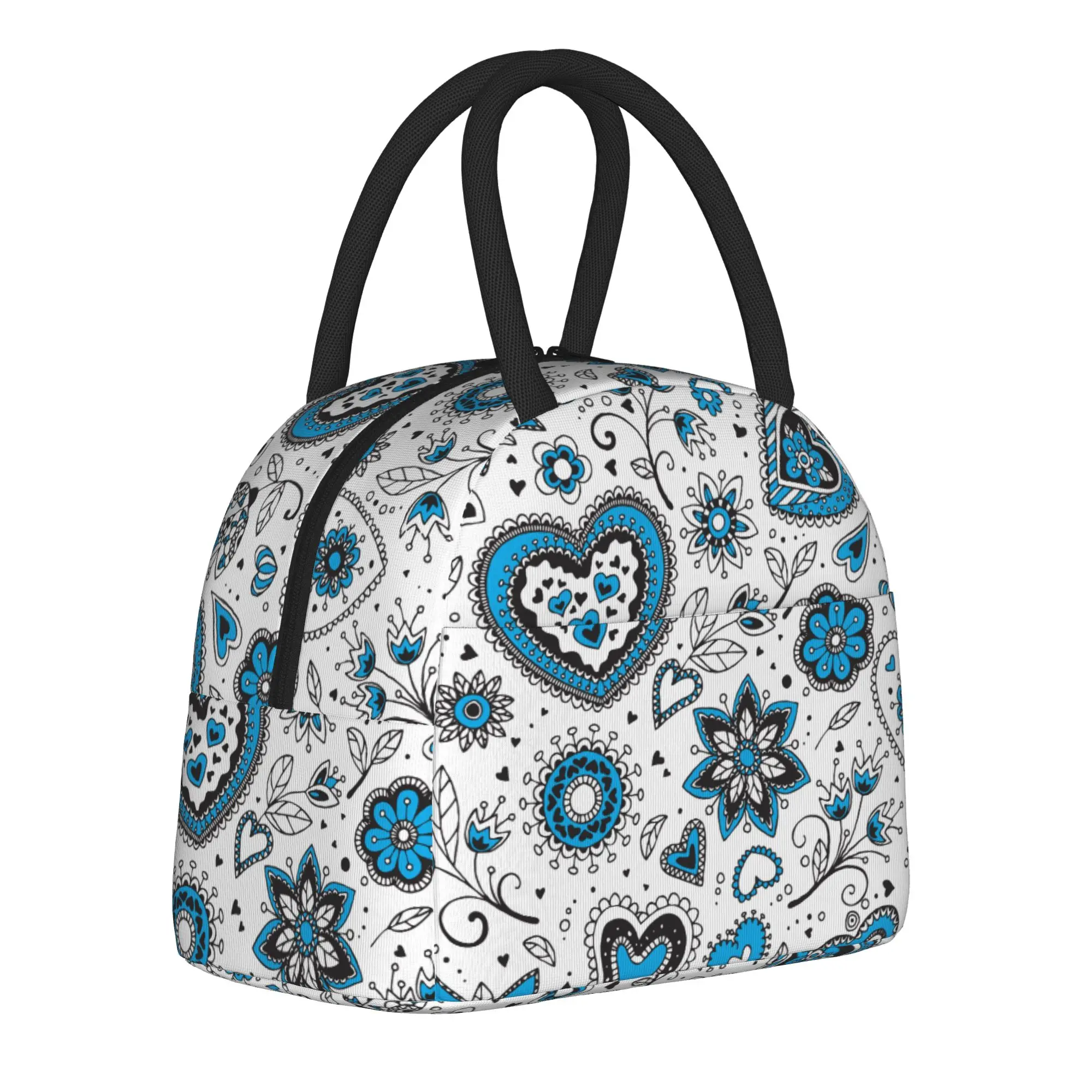 

Blue Heart Pattern Bohemia Insulated Lunch Bag Portable Meal Container Thermal Bag Tote Lunch Box College Travel Food Bag