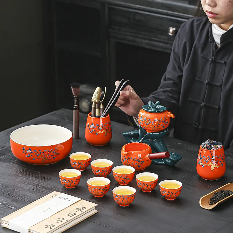 Persimmon Ruyi Brewer Lazy Automatic Kung Fu Tea Set Wedding Celebration Home Luxury High-end Gift Box