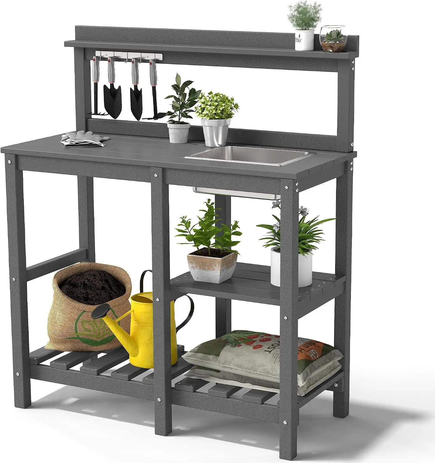 Outdoor Potting Bench HDPE Potting Table with Sink Storage Shelf and Hooks All Weather Gardening Workstation for Garden Patio Lawn, Grey