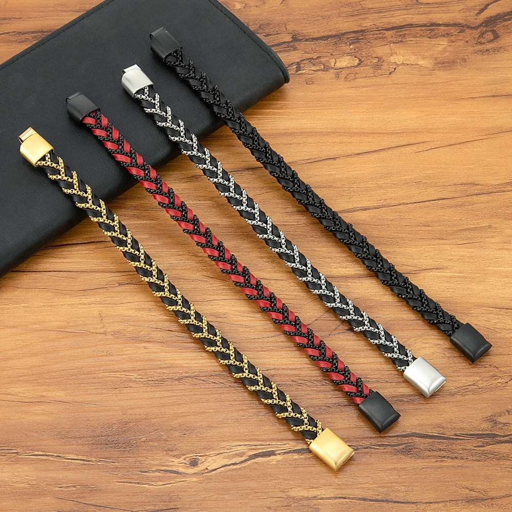 XQNI Woven Leather Bracelet Rope Wrap Special Style Classic Stainless Steel Men\'s Leather Magnetic Clasp Charm Bangles Gift