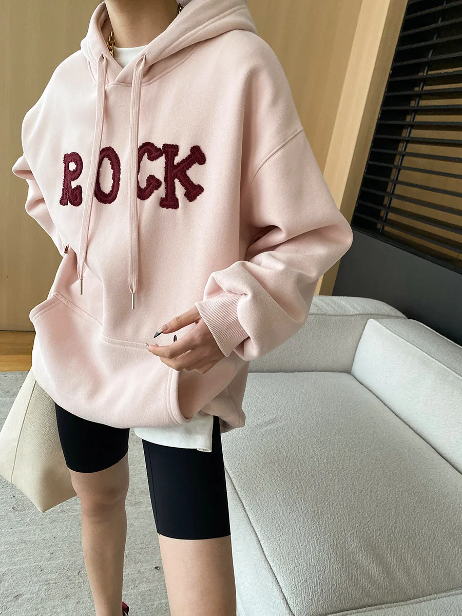 Autumn and winter women's casual solid color letter embroidered loose hooded sweatshirt