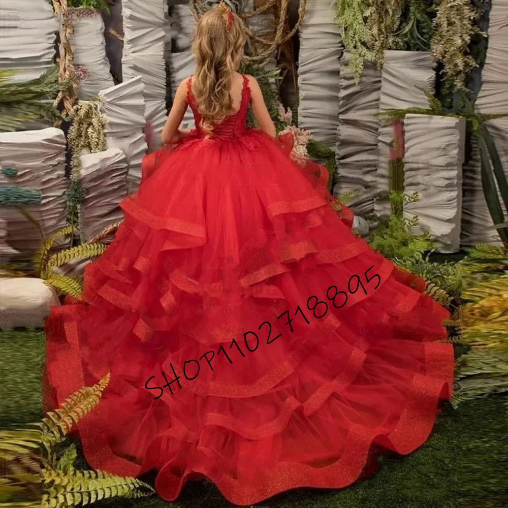 

Red Ruffles Flower Girl Dresses Thin Shoulder Straps Tiered Appliques Sleeveless V-neck Communion Birthday Wedding Customised