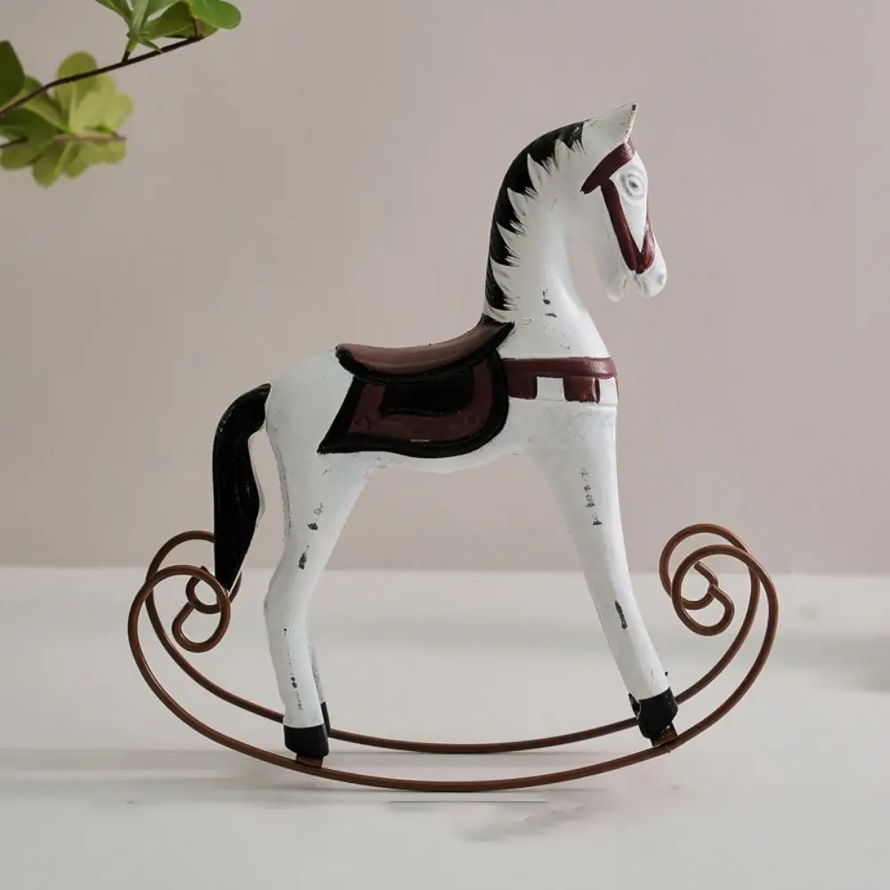 

Retro Wooden Craft Rocking Horse Sculpture Simulation Cartoon Nordic Horse Figurine Hand-carved Animal Ornament Living Room