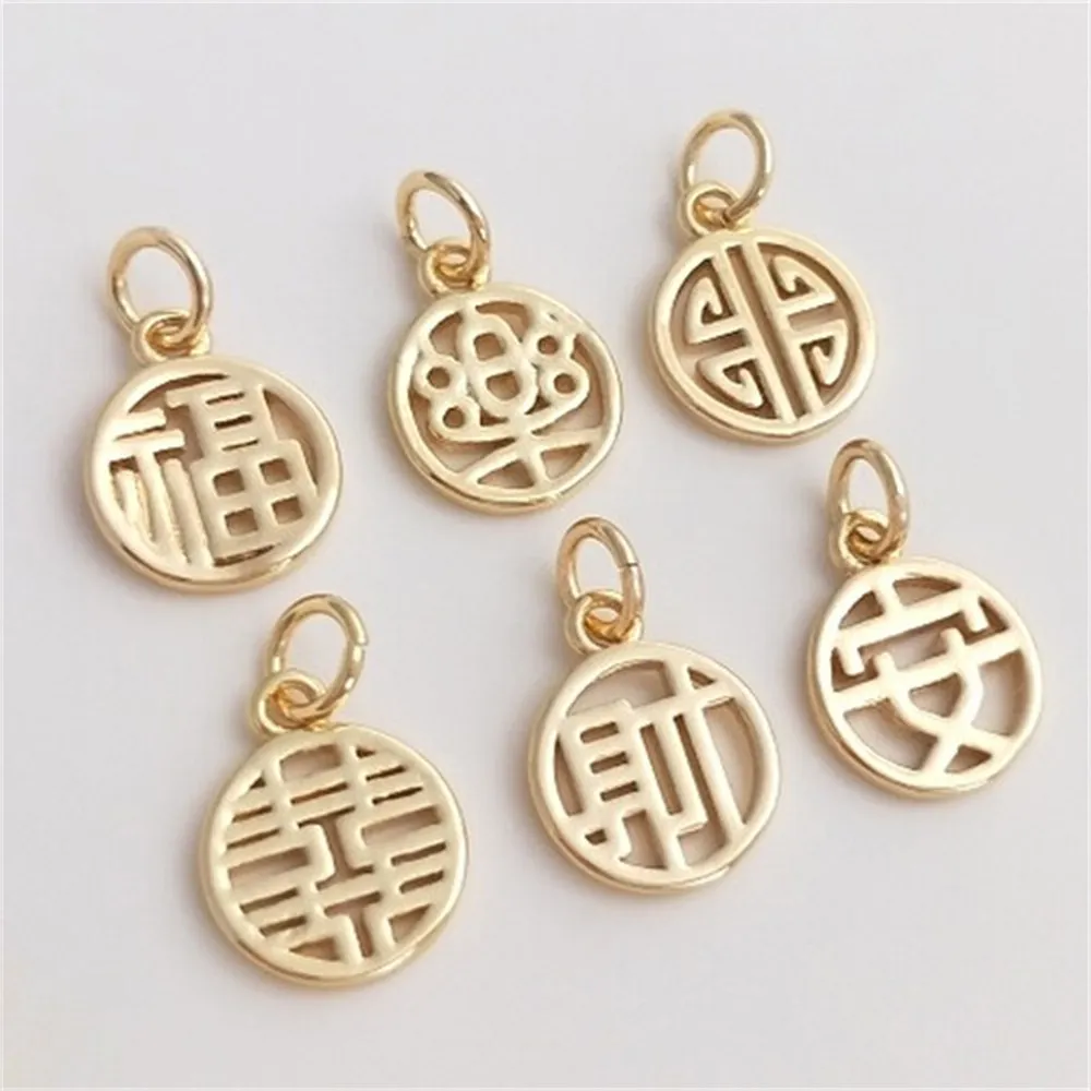 

14K Gold-Color Fu Zi Round Fu Brand Pendant Handmade DIY Bracelet Jewelry Pendant An Le Xi Cai Small Pendant K181