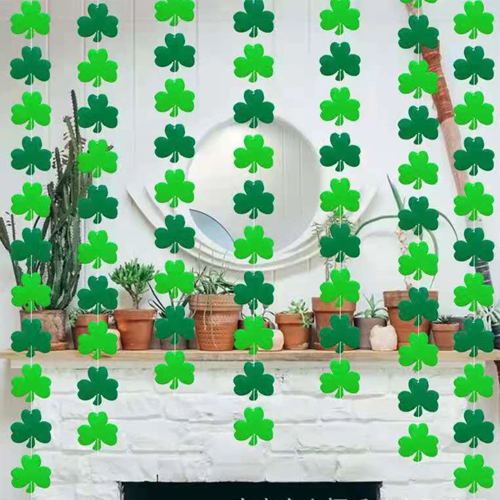 Green Hollow Lucky Irish Shamrock Clover Fabric Triangle Banner Flag St. Patrick’s Day Party Shamrock Garland Hanging Decoration