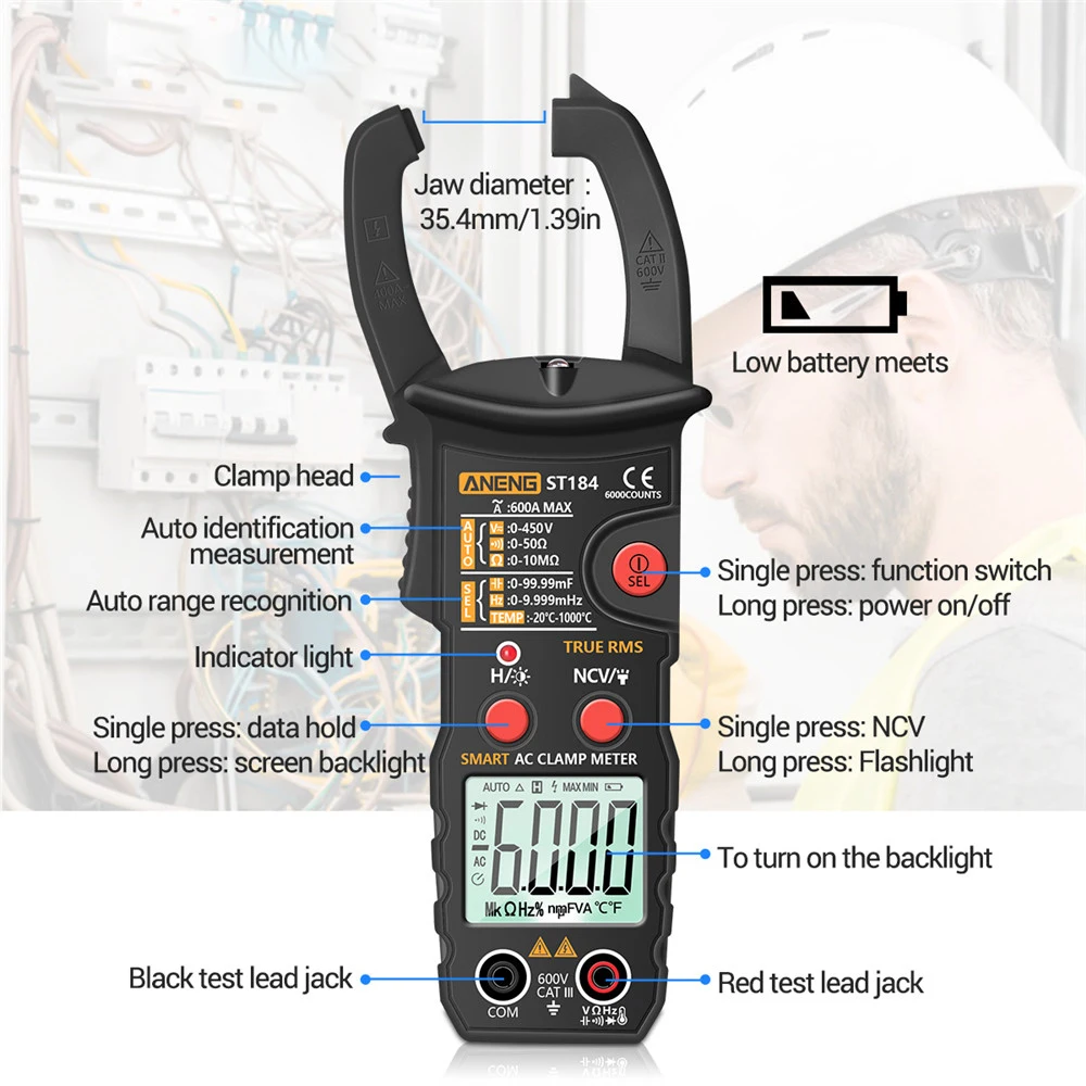 ANENG ST184 Digital Clamp Multimeter Meter 6000 Counts Professional True RMS AC/DC Voltage Current Tester Hz Capacitance Ohm