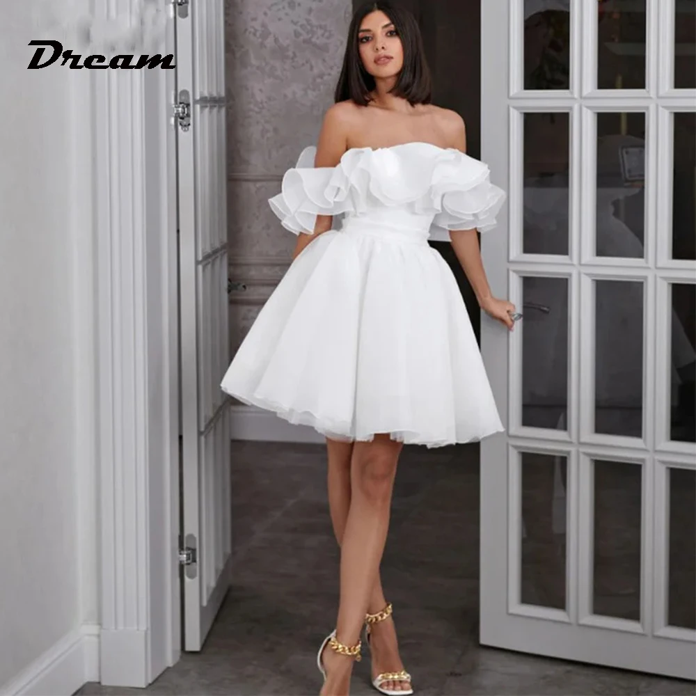 DREAM Customized Women White Off the Shoulder Wedding Dresses Sleeveless Mini Short Bridal Gowns A Line Robe De Mariee 2024