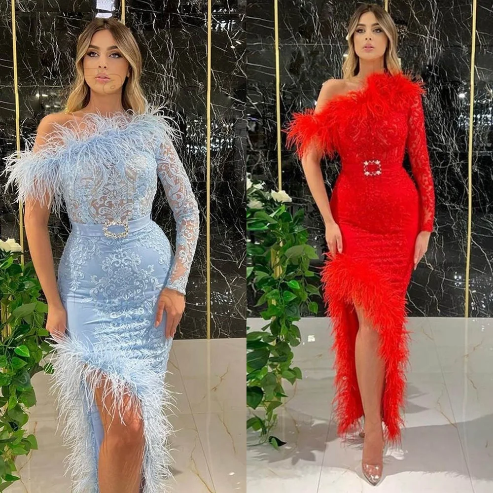 

Customized Modern Red Jersey Evening Dress Formal One Shoulder Long Sleeves Homecoming Dresses Fashion Special Occasion Gowns