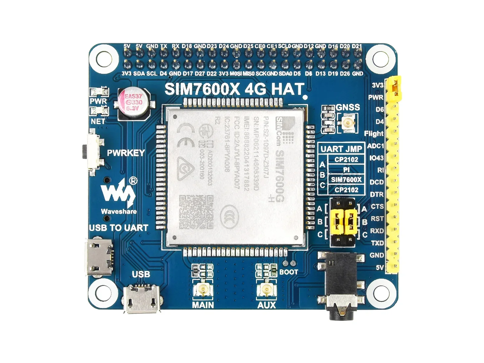 WAVESHARE SIM7600G H 4G HAT For Raspberry Pi LTE Cat 4 4G  3G 2G Support GNSS Positioning, Global Band SIM7600 MODULE