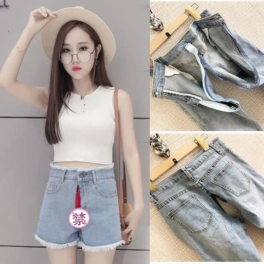 Full Zipper Convenient Shorts Outdoor Sex Urine Simple Loose Jeans Women Invisible Open Crotch Shorts 2022 Summer New Hot Sale