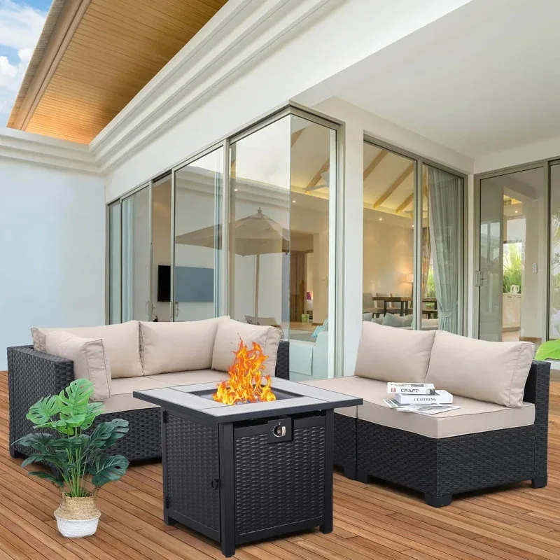 

QWoutdoor patio PE Wicker 5 piece furniture set, black rattan sectional conversation sofa chair with square propane fire pit tab