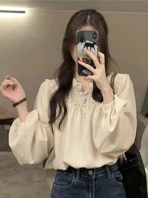 

Женская свободная блузка Sweet Bubble с рукавами-фонариками, длинными рукавами, повседневный топ, весенний дизайн, уникальная модная женская одежда премиум-класса