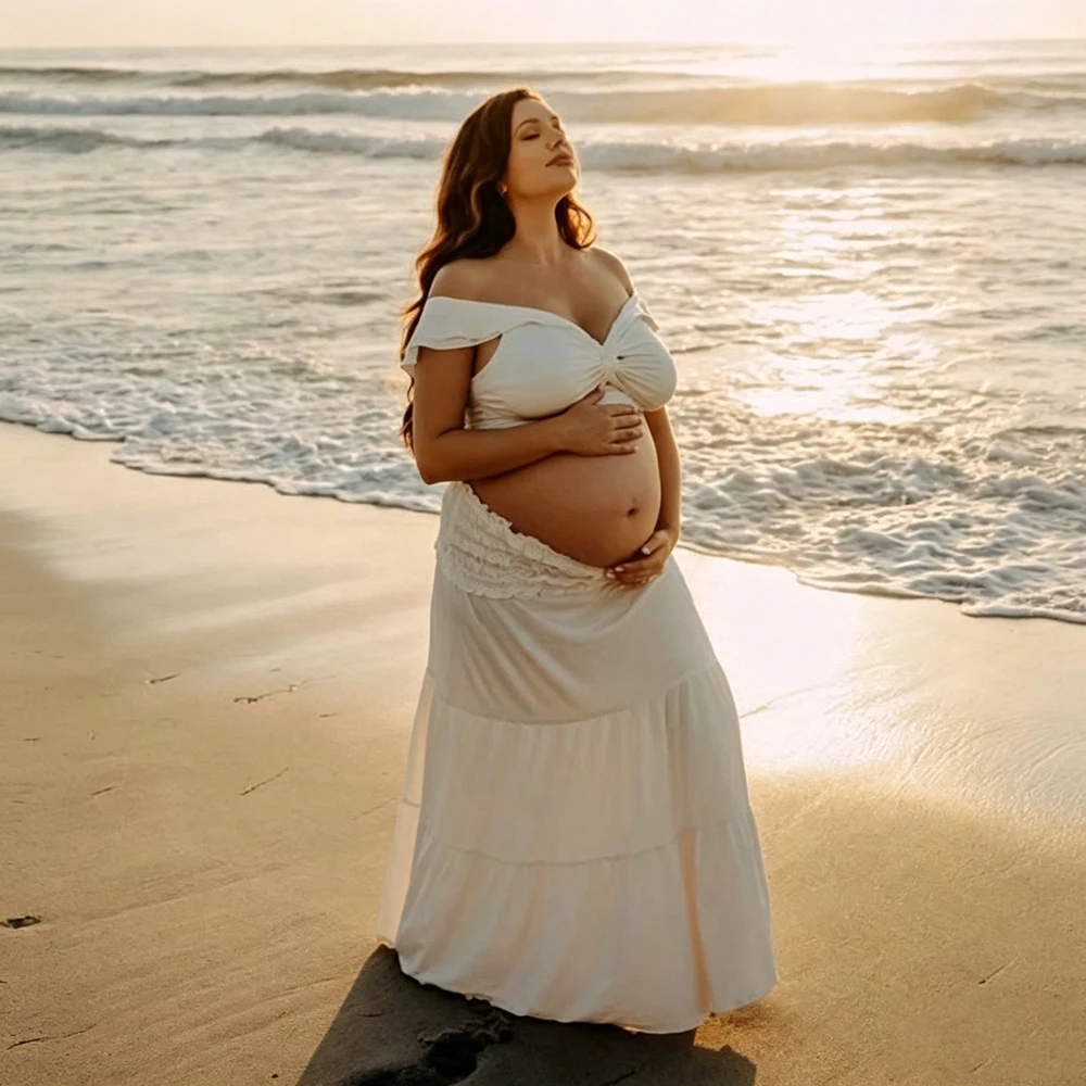 2 Piece Set Maternity Off Shoulder Twist Crop Top Ruffle Maxi Skirt Stretchy for Baby Shower Photoshoot Summer Beach Vacation