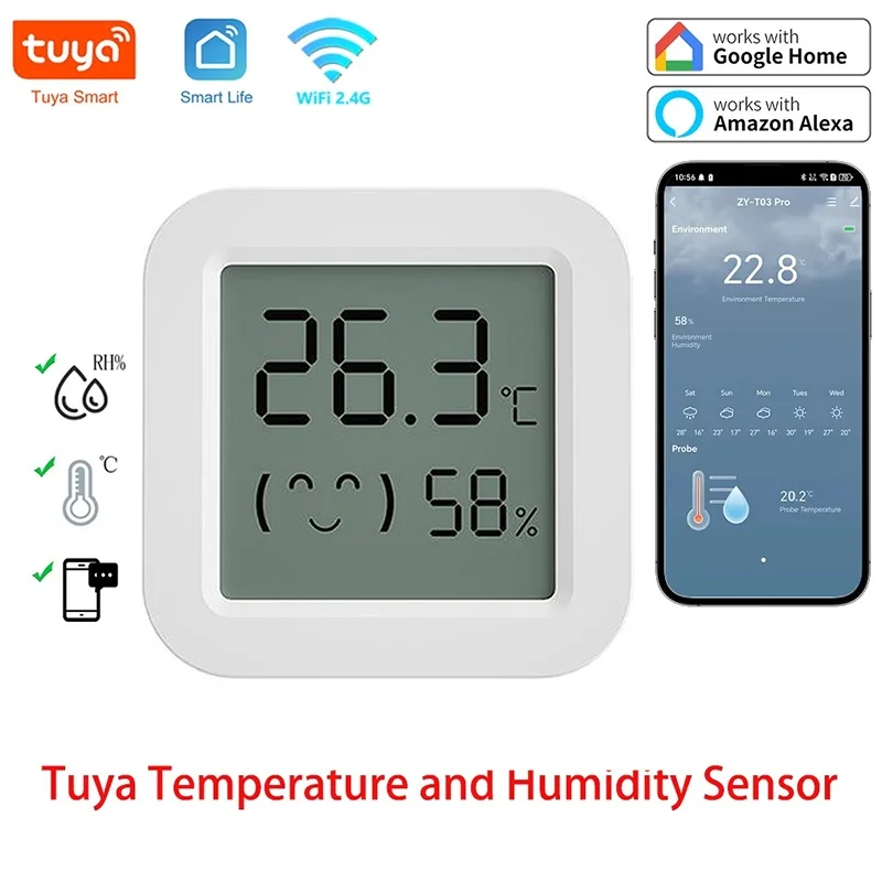 Sensor de temperatura e humidade Tuya Zigbee WiFi para casas inteligentes, com ecrã LCD, compatível com Alexa, Google Home, aplicação Smart Life e Smart Yandex.