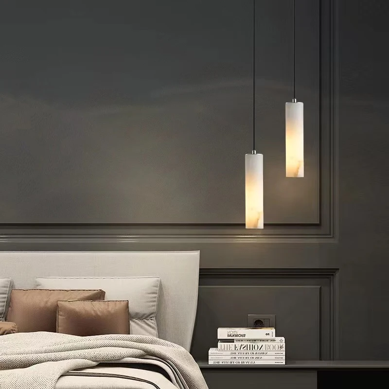 Lámpara colgante LED de mármol y cobre cilíndrico de lujo posmoderno, accesorios de iluminación para estudio, dormitorio, comedor y estudio