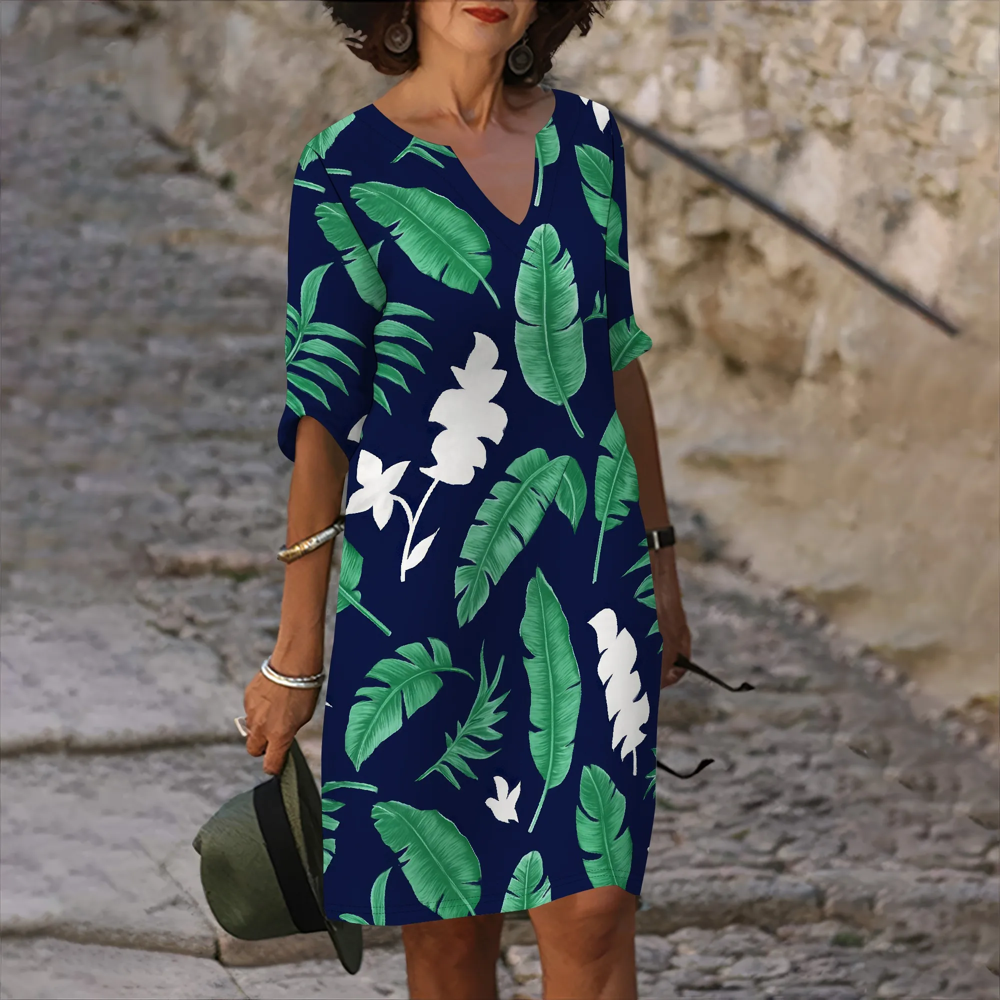 Abiti estivi da donna Abito a trapezio casual a maniche corte con volant e scollo a V