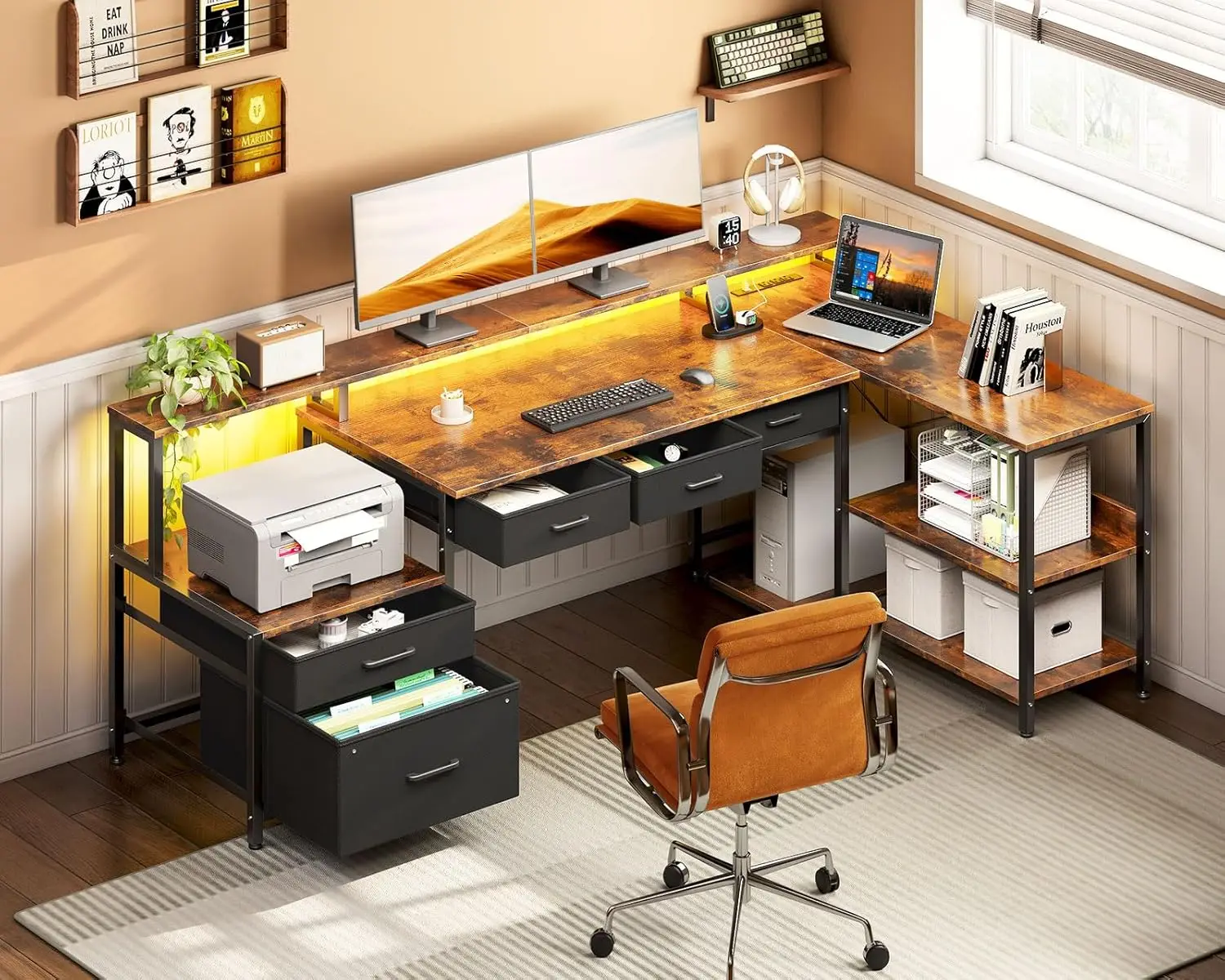 AODK L Shaped Desk with 5 File Drawers, 66