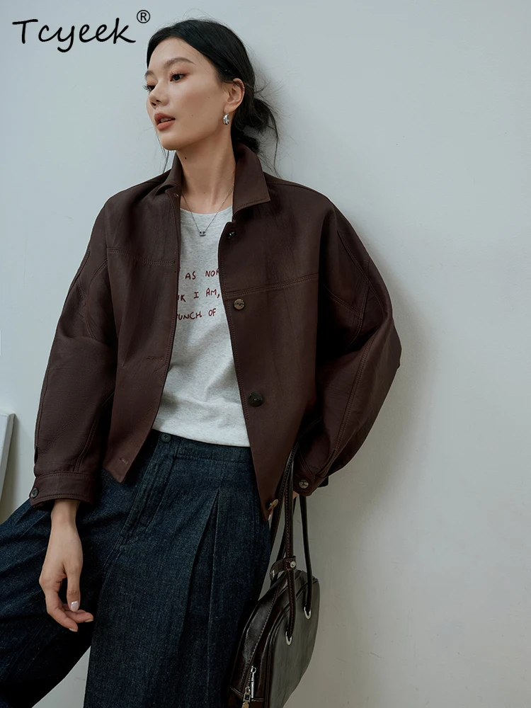 Tcyeek Schaffell Frühling Herbst High End Square Neck Braun Kaffee Fledermaus Ärmel Kurze frauen Aus Echtem Leder Jacke Jaqueta Couro