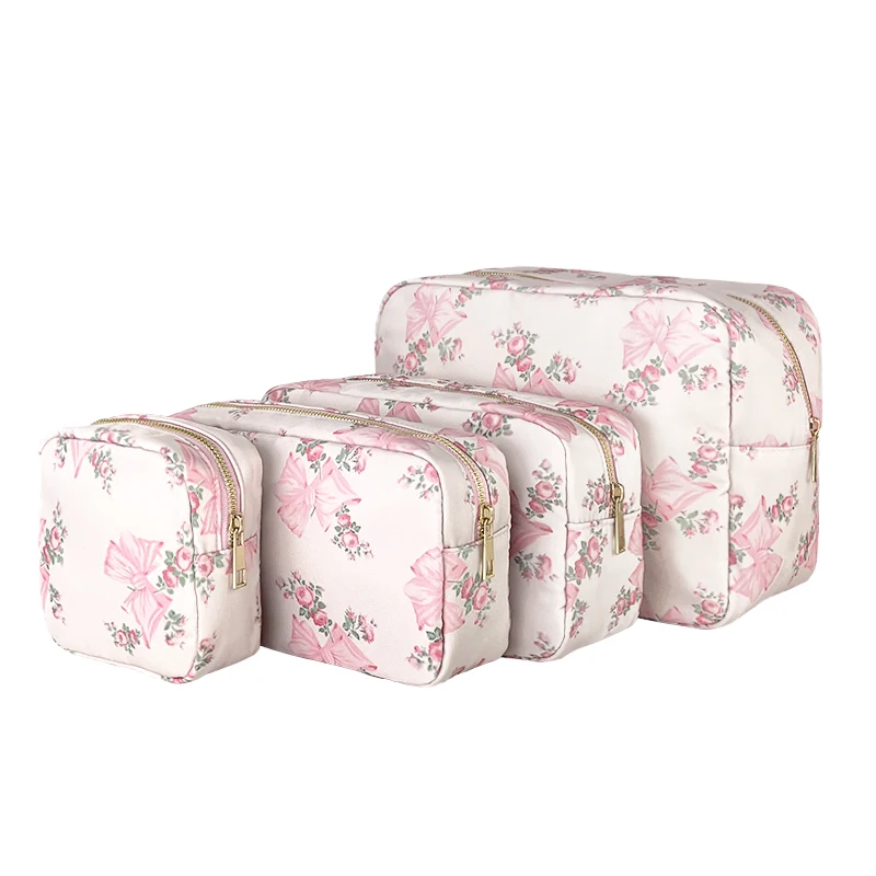 Waterproof Nylon Flower Bow Printed Make Up Pouch Bag Women Cosmetic Pouch Bag Birthday Holiday Gift