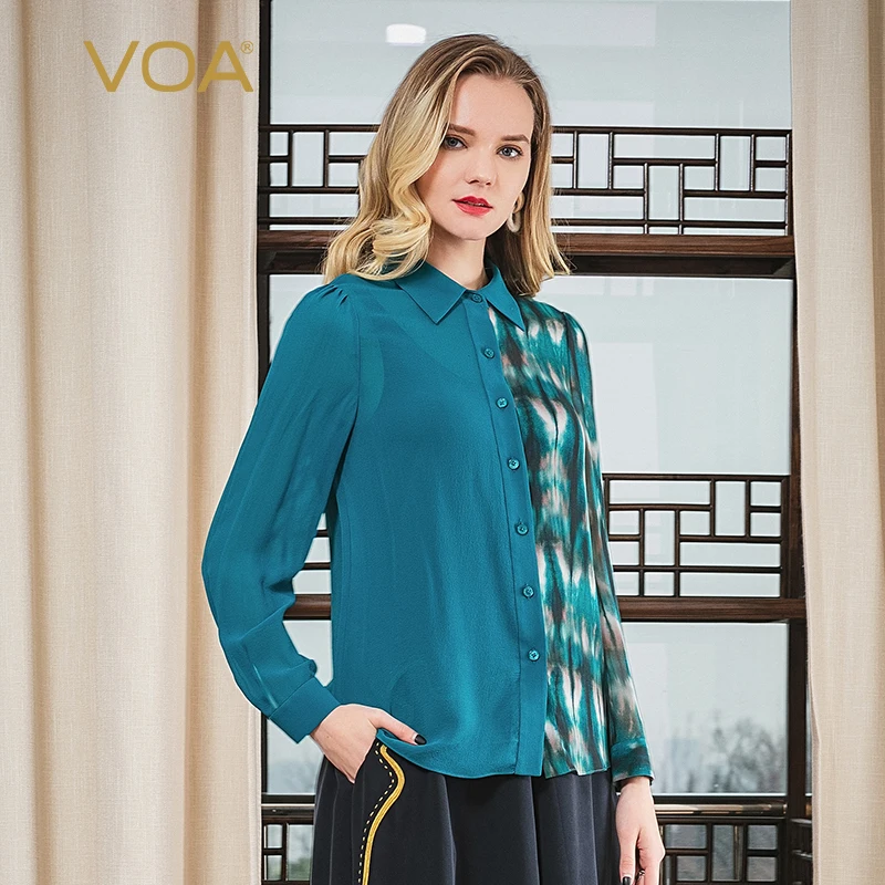 

VOA Fall Lapel Single-breasted Bubble Long Sleeve Turquoise and Blue Asymmetri White Brown Halo Dye Fashion Silk Shirt B9600