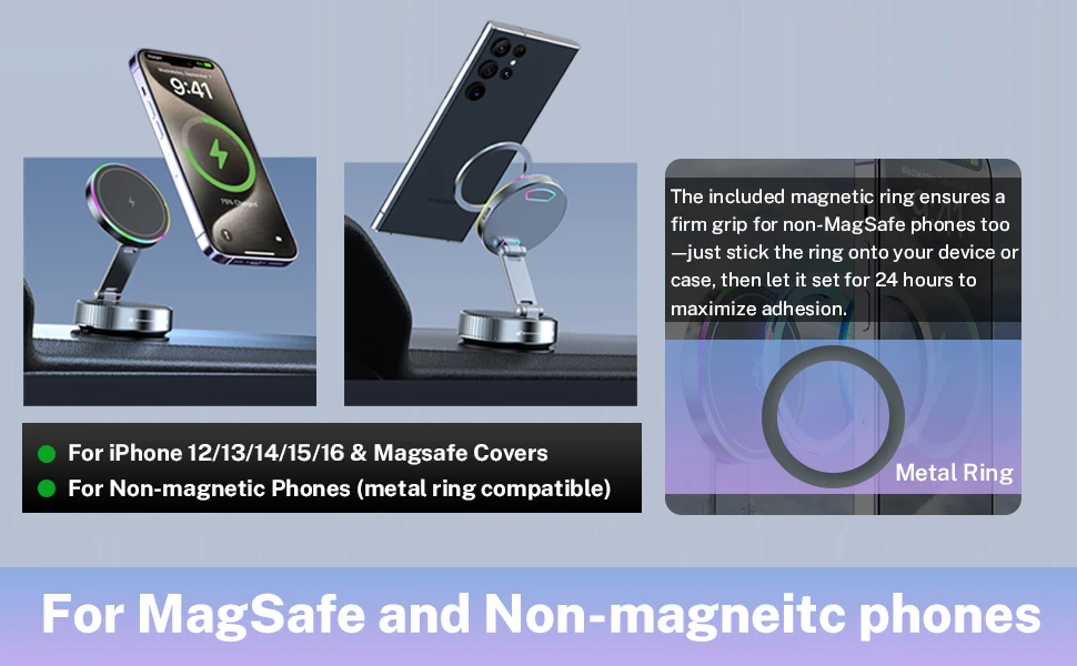 Kühlendes kabelloses Ladegerät, Autotelefonhalter mit atmender RGB-Licht, magnetische Saug-Handyhalterung für iPhone 12/13/14/15/16 – Detail 7