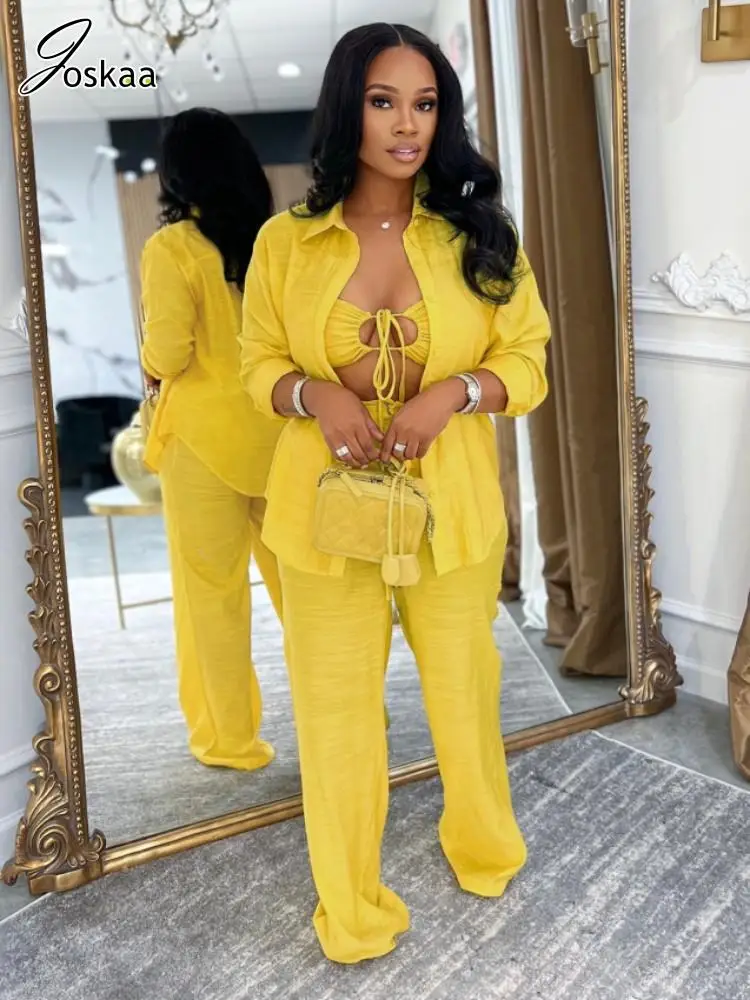 

Joskaa 2025 Women's 3-Piece Set Casual Lapel Full Sleeve Oversized Shirt+Vest+Wide Leg Pants Matching Tracksuit Streetwear S-XXL