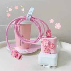 3D Pink Flower Case for Apple 18w/20w Charger Protective Case Applicable for IPhone 15 14 13 Data Cable Protector Shell Sleeve