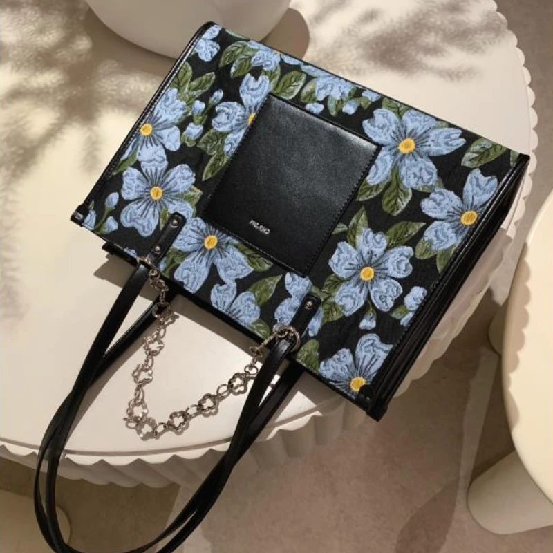 JBTP bolso de hombro de gran capacidad, bolso de mano de cuero Pu con estampado de flores, cadena de letras, estilo de jardín, Vintage, elegante