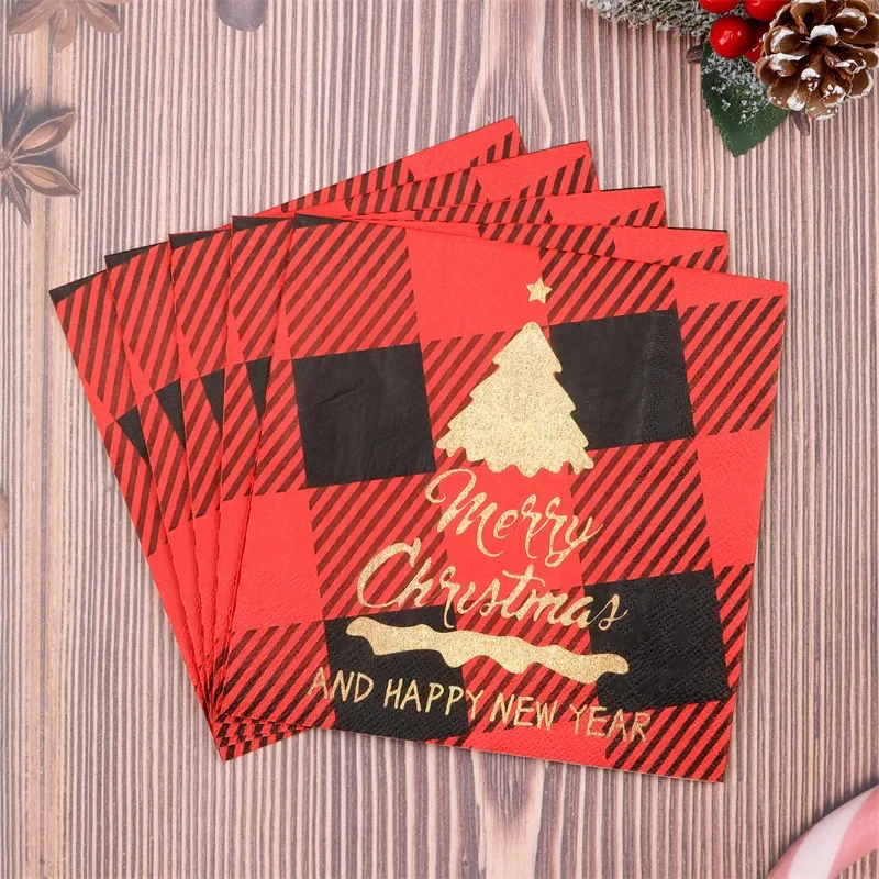 

20pcs 33cm 2Layer Christmas Element Grid Printed Napkins Party Atmosphere Paper Disposable Meal Mat DIY Decoupage Paper