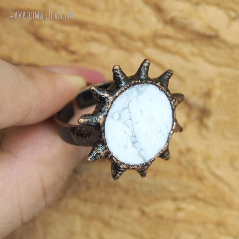 10Pcs Soldered Brutalist Y2k Handmade Vintage Antique Bronze Color Semi-precious Stone Howlite Wholesale Ring RM51094