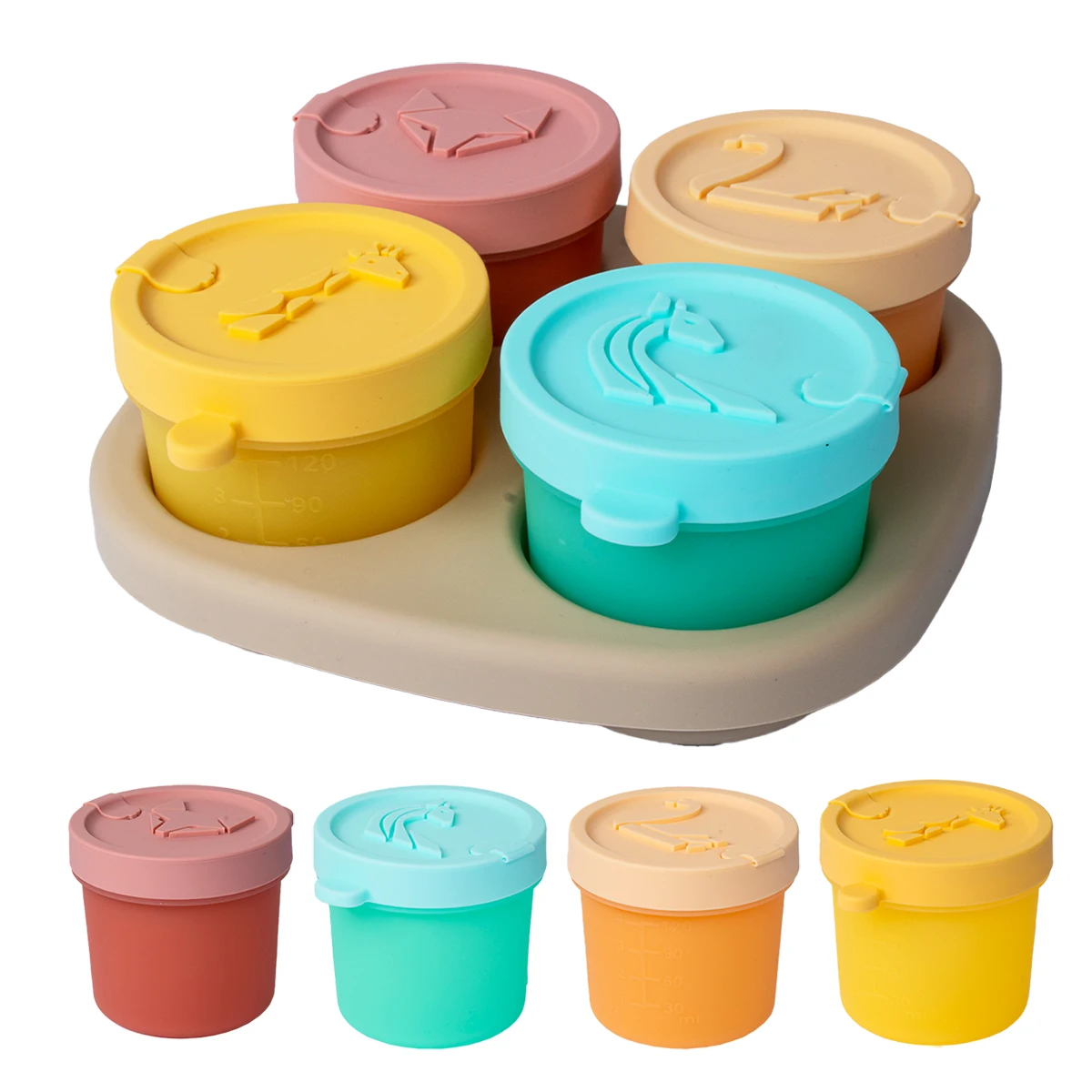 

Children's Food Supplement Box with Four Compartments and Tray, Food-Grade Silicone Divided Lunch Box, Baby Food Storage Box, Cute Animal Shape