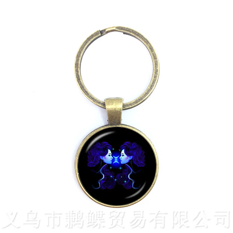 New 12 Zodiac Signs Keychains Retro Twelve Constellations Cabochon Glass Time Gem Pendant Keyring For Gift