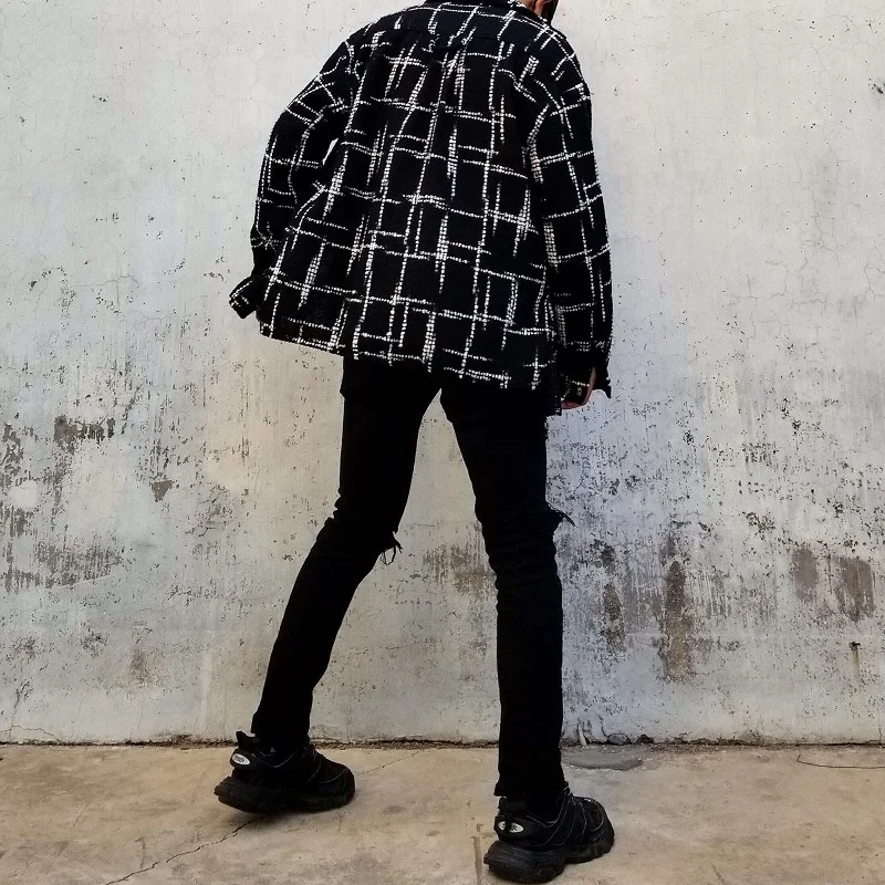 Street High Ins Black White Plaid Wool Thickened Shirt For Men Oversize Hip Hop High Quality Fashion Clothes Autumn 2Y5008