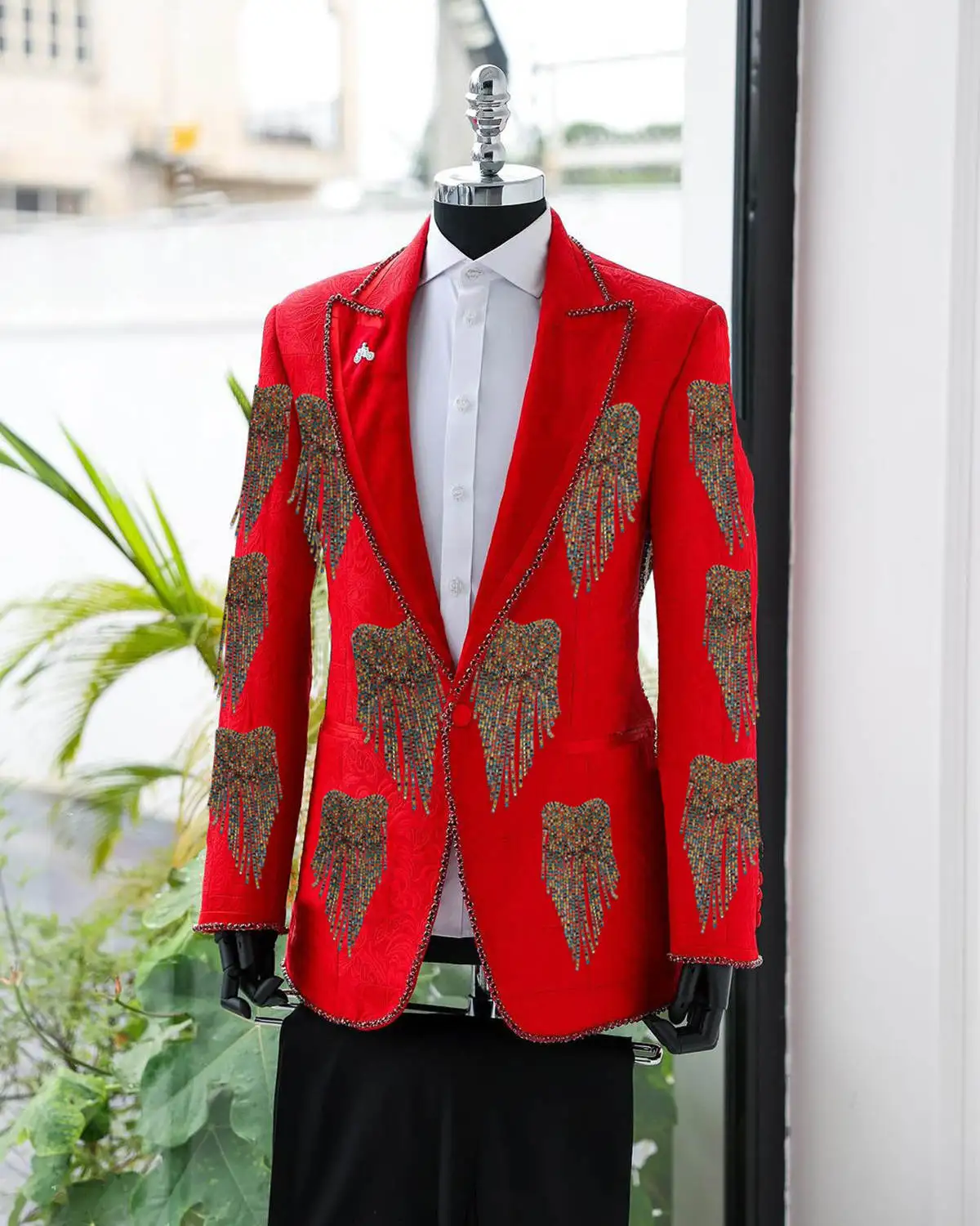 ファッション結婚式の男性スーツクリスタルパーティースーツ 2 個コート黒パンツオーダーメイド新郎花婿の付添人フォーマルな機会サイズカスタマイズ