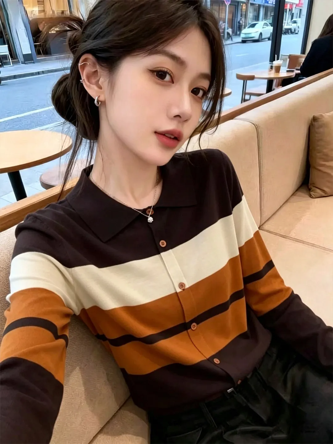 Trendy Women's Knitted Open Cardigan Outerwear Striped Long Sleeve Loose Feeling Color Block Style Autumn New Arrival