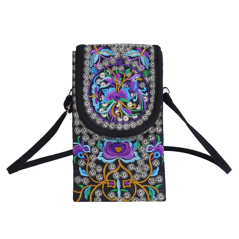 Lady Cell Phone Bag Crossbody Shoulder Wallet Purse Handbag Pouch Ethnic Style Embroidered Bags Flip Canvas Retro Small Bag