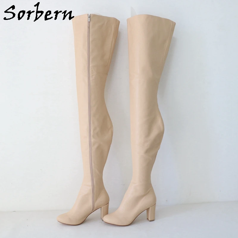 

Sorbern Nude 90Cm Long Boots Unisex Pu Lining Spring Style 8Cm Block Heels Almond Toe Custom Wide Or Slim Fit Boots Drag Queens