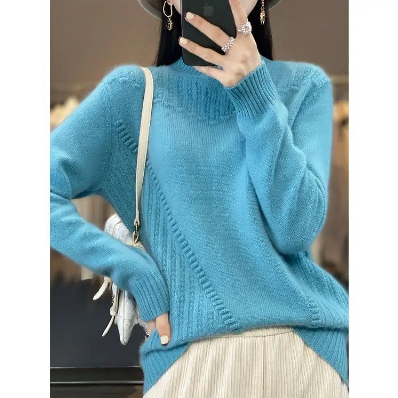 

Autumn Winter Solid Half High Neck Thickened Warm Knitted Underlay Shirt with Single Wear Women's Style and Age Reducing Sweater