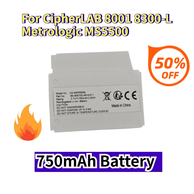 

750mAh for CipherLAB 8001 8300-L Metrologic MS5500 Battery