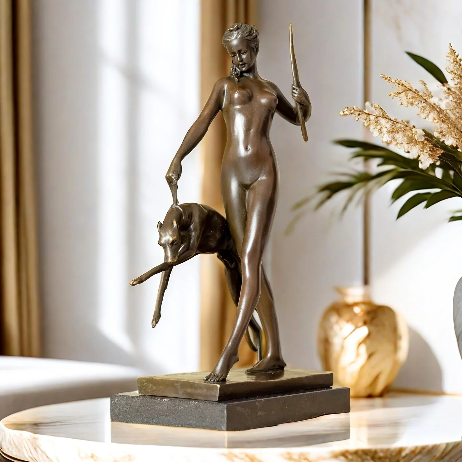 

Artemis Diana Bronze Statue The Huntress Goddess Diana With Dog Sculpture on Marble Base Mythological Art Crafts For Home Decor