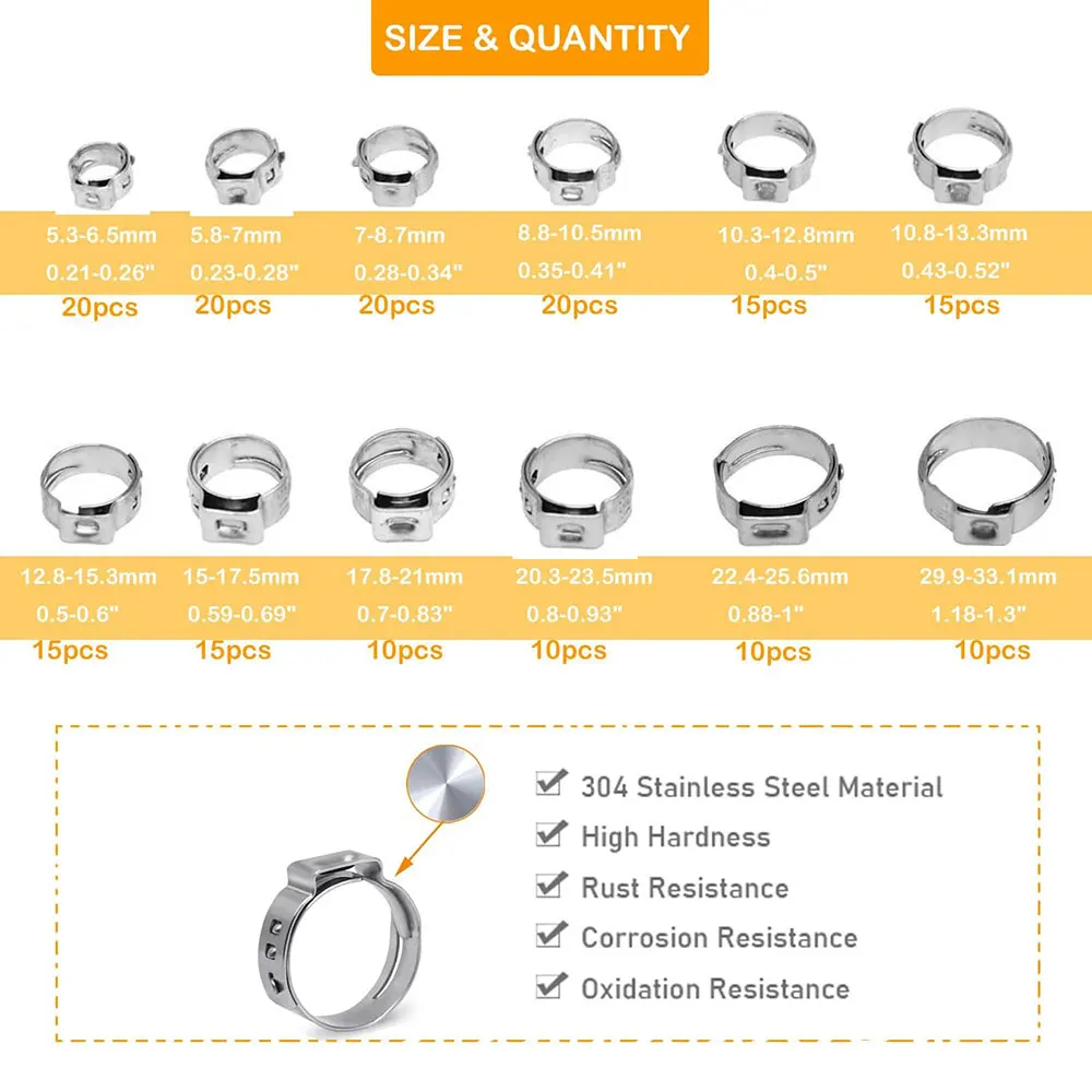 180 pieces of single ear hose clamps, 12 crimped hose clamps made of 304 stainless steel with ear clamps, sizes 5.3-33.1mm