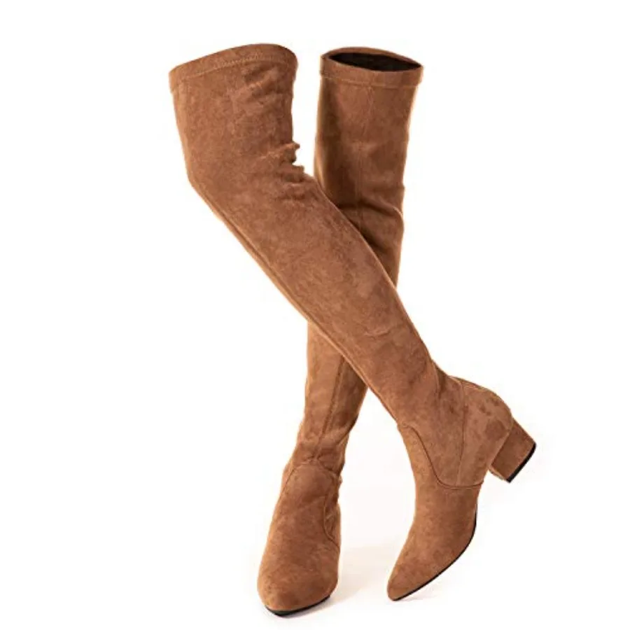 Botas N.N.G. de mujer por encima de la rodilla, de gamuza, con tacón bajo, cómodas, con punta cerrada.