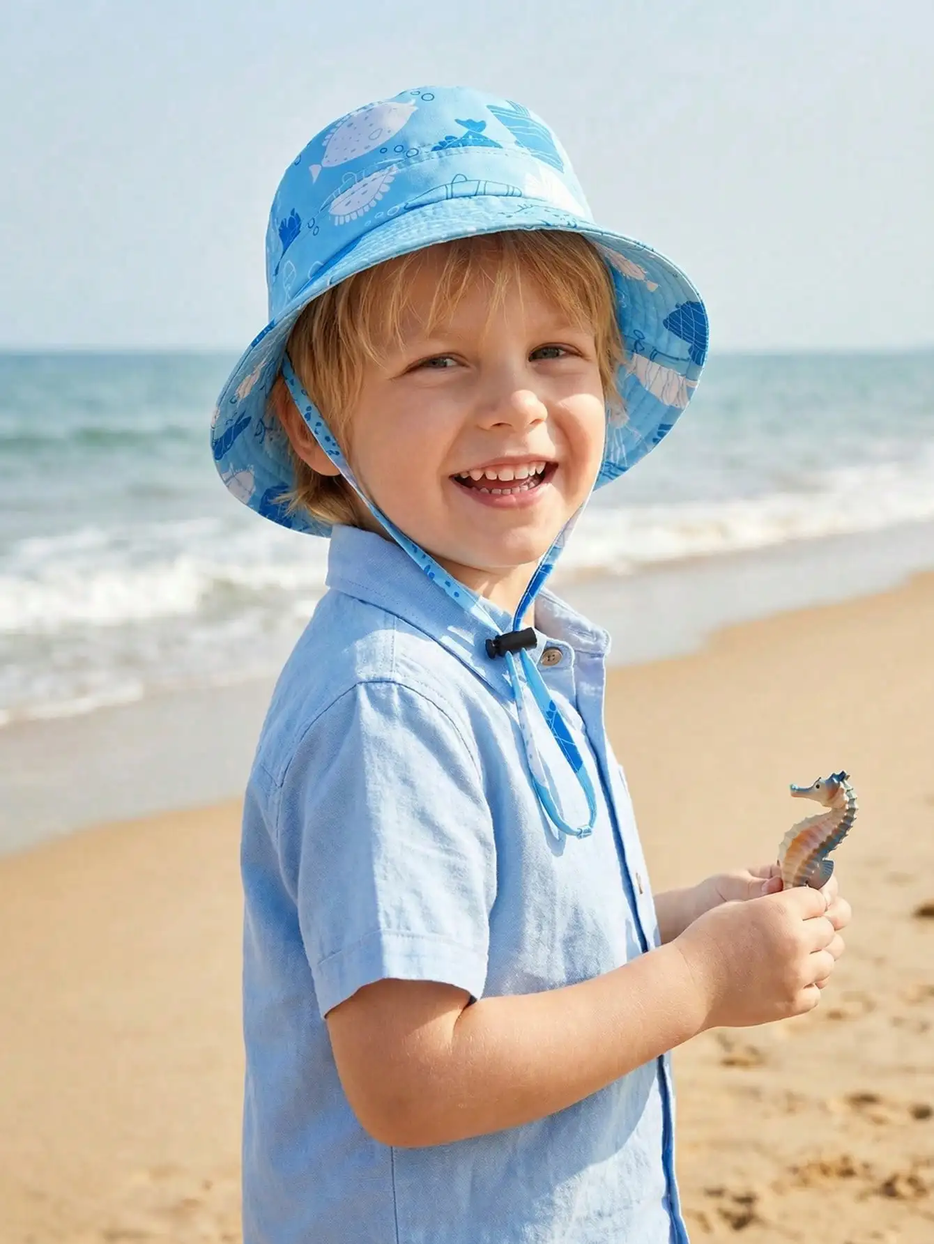 1pc Sky Blue Ocean World Pattern Bucket Hat for Boys 3-8Y, Simple Kids Sun Hat, Breathable Cap for Spring
