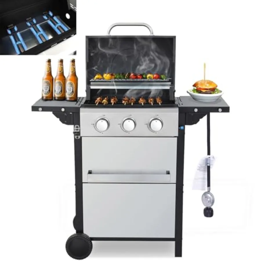 

3 Burner Small Propane Gas Grill with Porcelain-Enameled Grates Thermometer Stainless Steel 25650 Btu Outdoor Barbecue Grill Pr