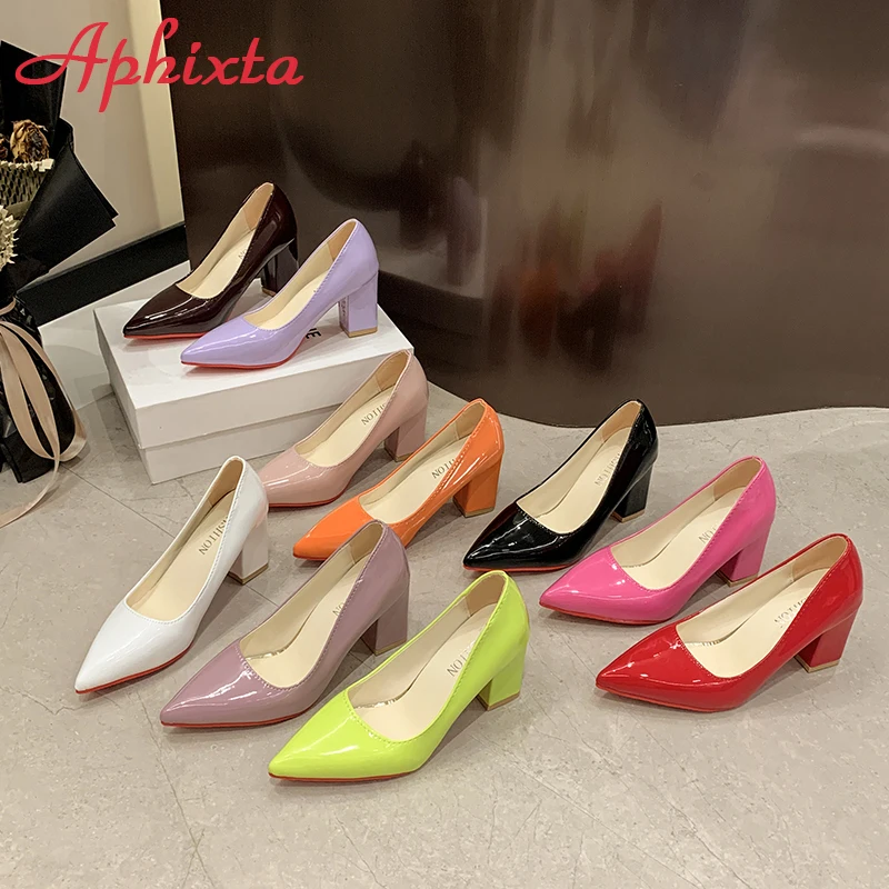 Aphixta Plus Size 35-53 Hot Sale 2.75Inch Square Heel Patent Leather Shoes Women Pumps Red Sole Work Pointed Toe