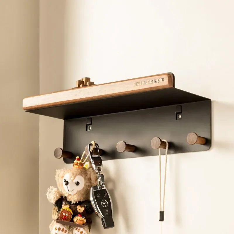 Walnut Wall Rack No Drilling Entryway Living Room Door Back Key Hook Creative Coat Hat Hanger Storage Organizer Shelf