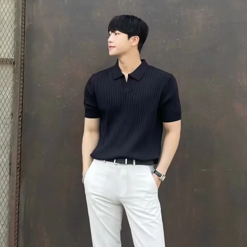 Striped Notch Lapel Short Sleeve Polo Shirt Men's Summer Lightweight Fitted V-Neck T-Shirt Casual Underwear