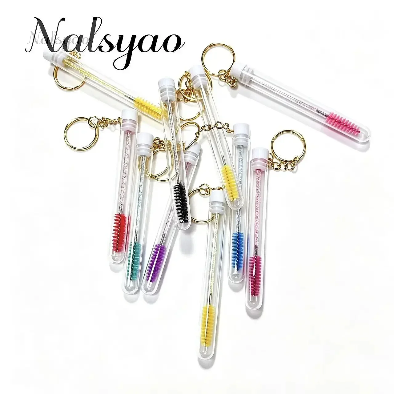 10 Pcs Mascara Tools Tube Eyelash Brush with Gold Keychain Glitter Wand for Women Lash Extension Micro Comb Container Makeup