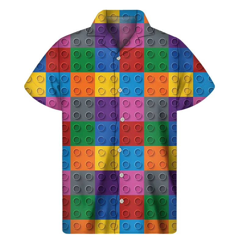 Camisa havaiana impressa em 3D masculina, brinquedo de blocos de construção criativos, camisa verão, tops havaianos, lapela rua, blusa Aloha, botão, mangas curtas